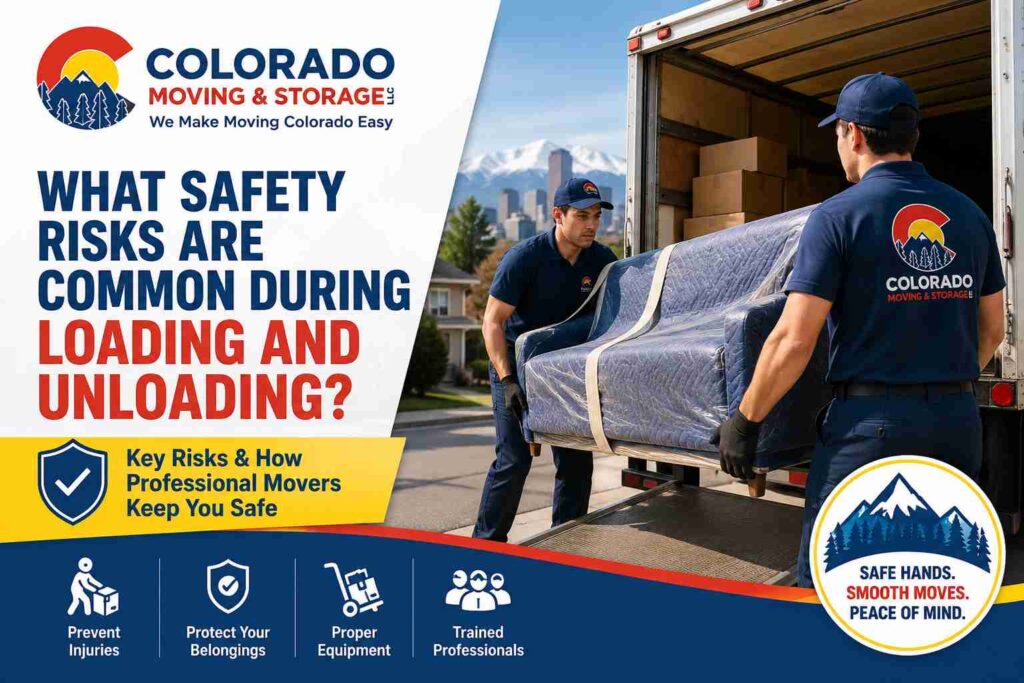 Movers safely lifting furniture during loading and unloading in Denver, CO