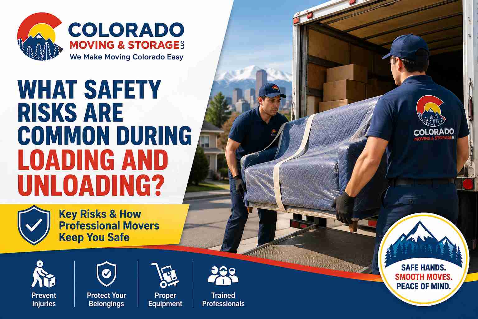 Movers safely lifting furniture during loading and unloading in Denver, CO