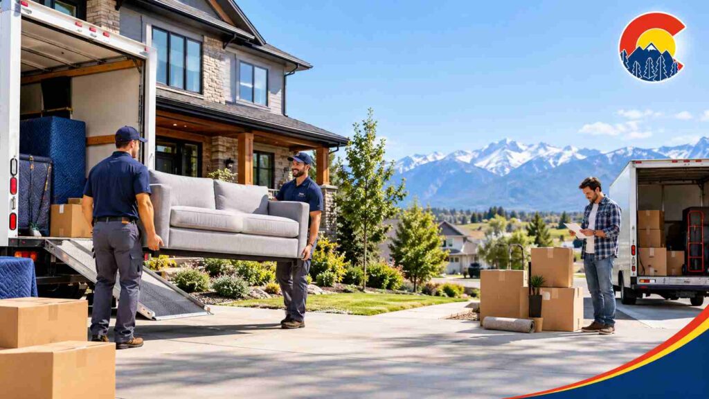 Residential movers loading furniture into a truck outside a Colorado home for a safe relocation
